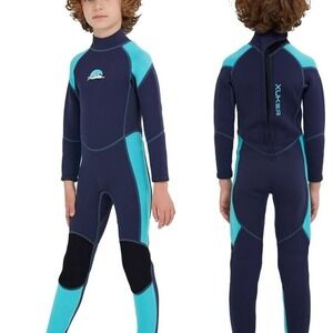 XUKER Wetsuit Kids Zipper NAVY/AQUA LS 3MM Neoprene Wet Suit SIZE 6 BEACH